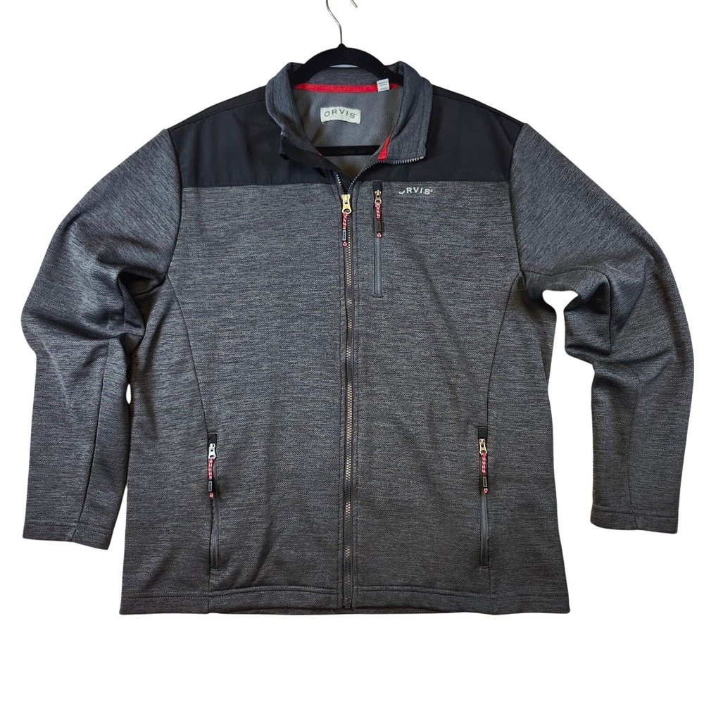 Orvis Mens Full Zip Fleece Jacket Grey Black Textured Knit Mock Neck Large